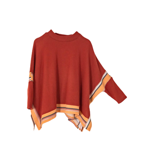 SOLID CONTRAST STRIPES LONG SLEEVE PONCHO / RUST