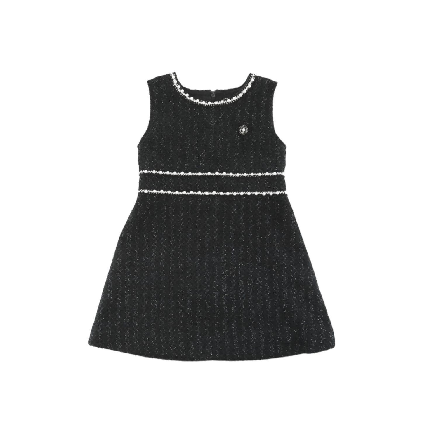 PEARL TRIM TEXTURED DRESS / BLACK