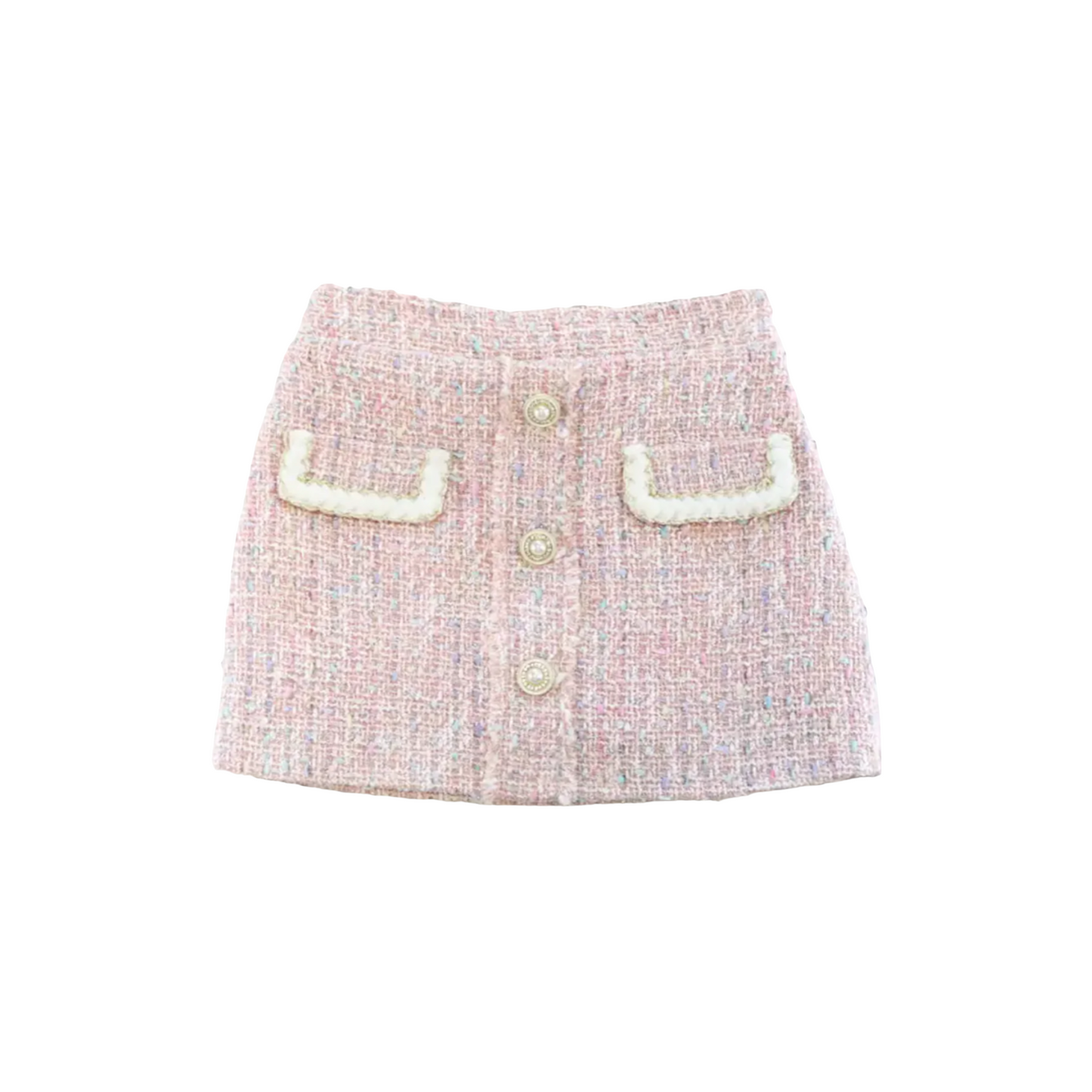 BUTTON FRONT TWEED SKIRT / WHITE/PINK