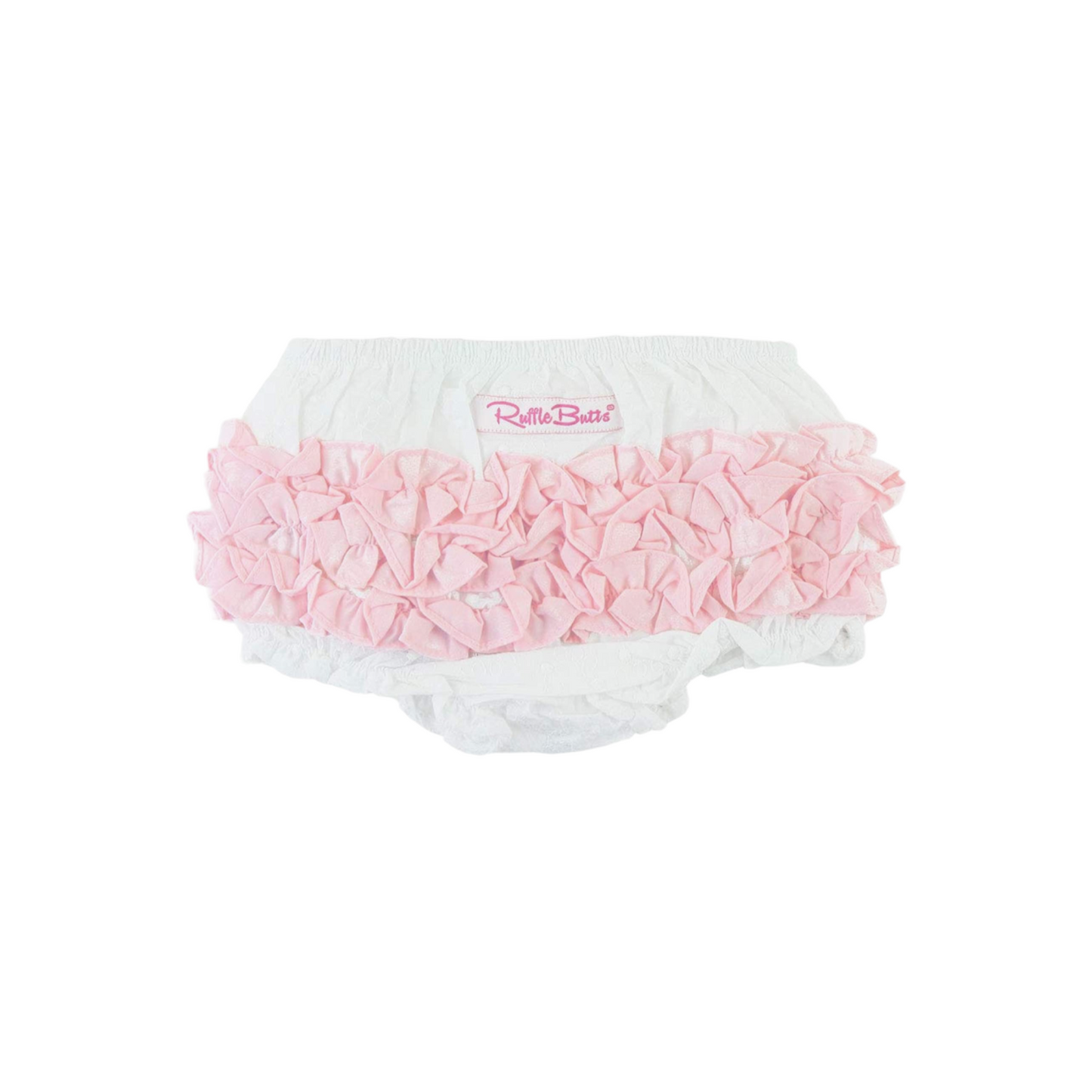 RUFFLE BUTTS BLOOMERS / WHITE W PINK WAVE WOVEN